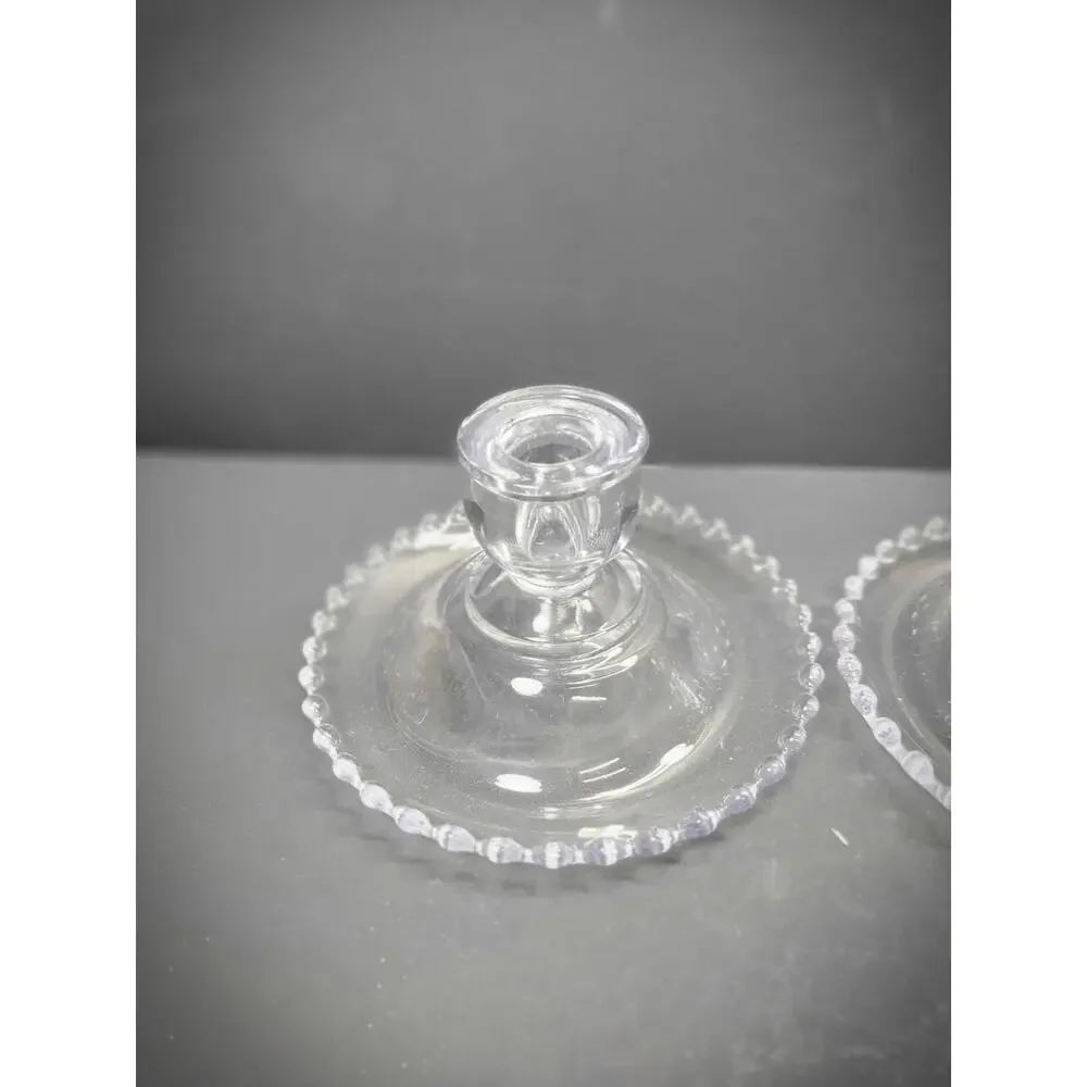 2 Vintage Candlewick  Candle Holders Beaded Flat Candlesticks, Blue Hue